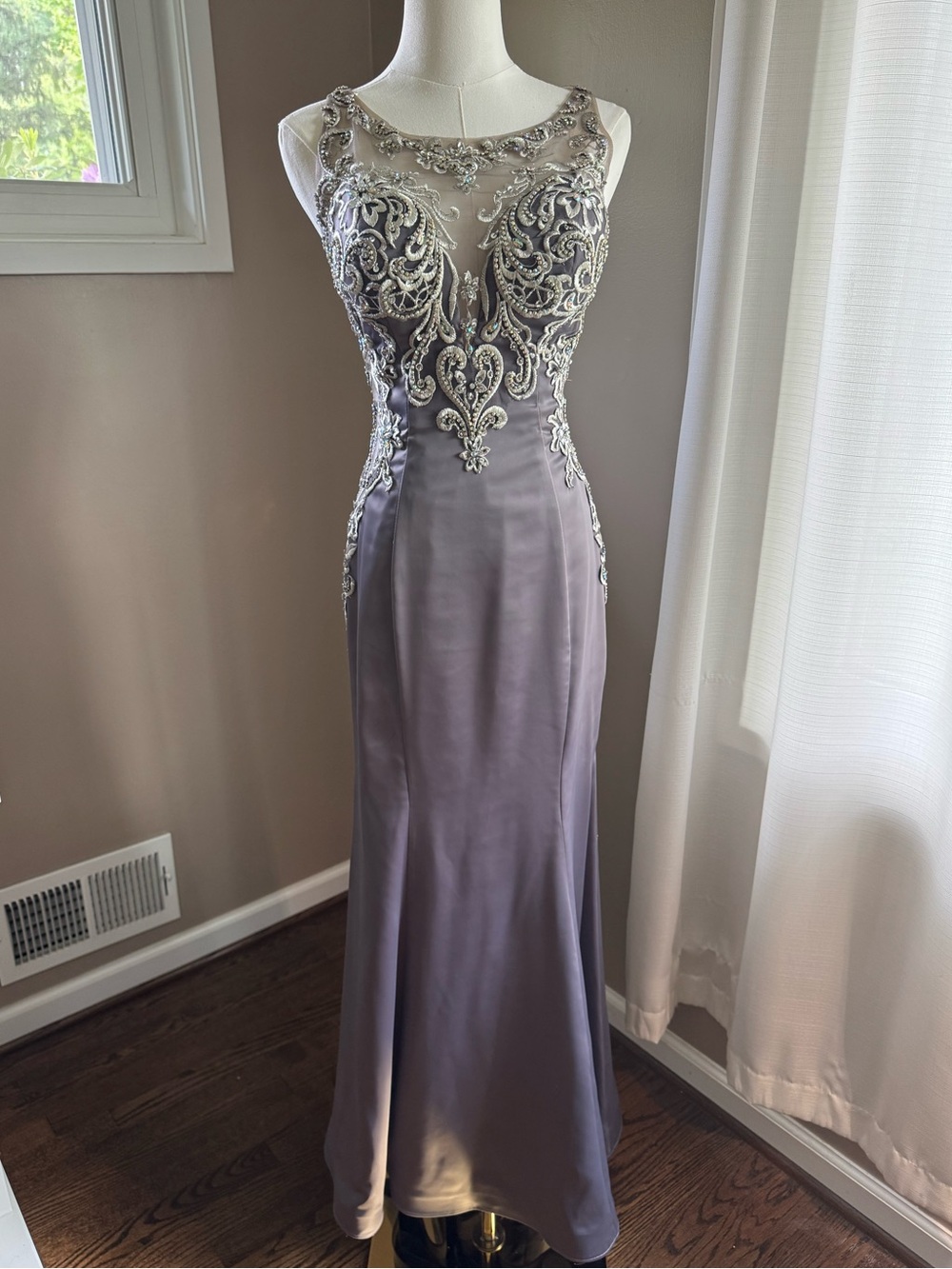 Madison James Grey Satin Beaded Prom Dress Size 2